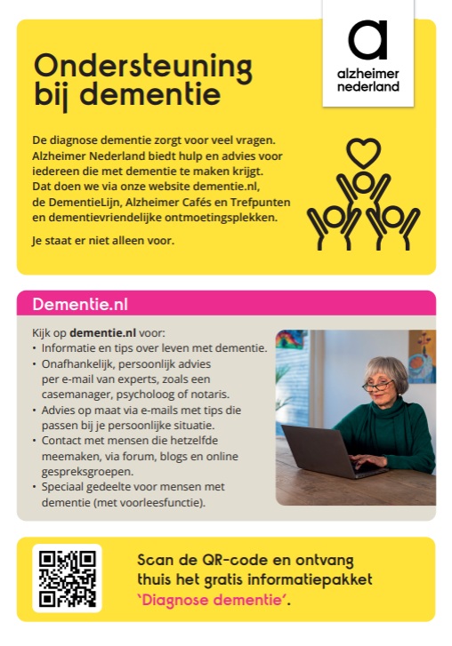 Flyer waarop alle diensten van Alzheimer Nederland staan beschreven